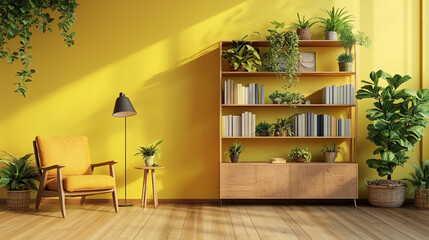 Wooden book shelf in front of yellow  wall, wooden floor, houseplant. Minimalistic interio design.	

