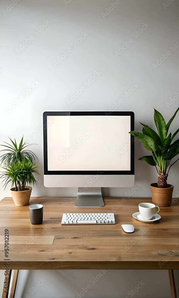 Poster a modern. sleek desktop computer setup with a clean. minimalist design.