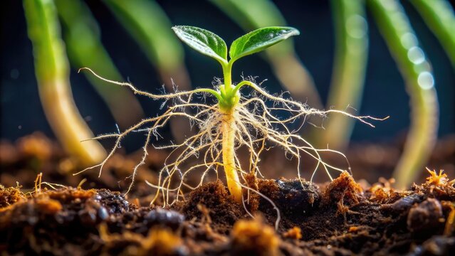 Delicate, magnified view of a young plant root tip, with fine hairs and cells, growing slowly and steadily through nutrient-rich soil or water.