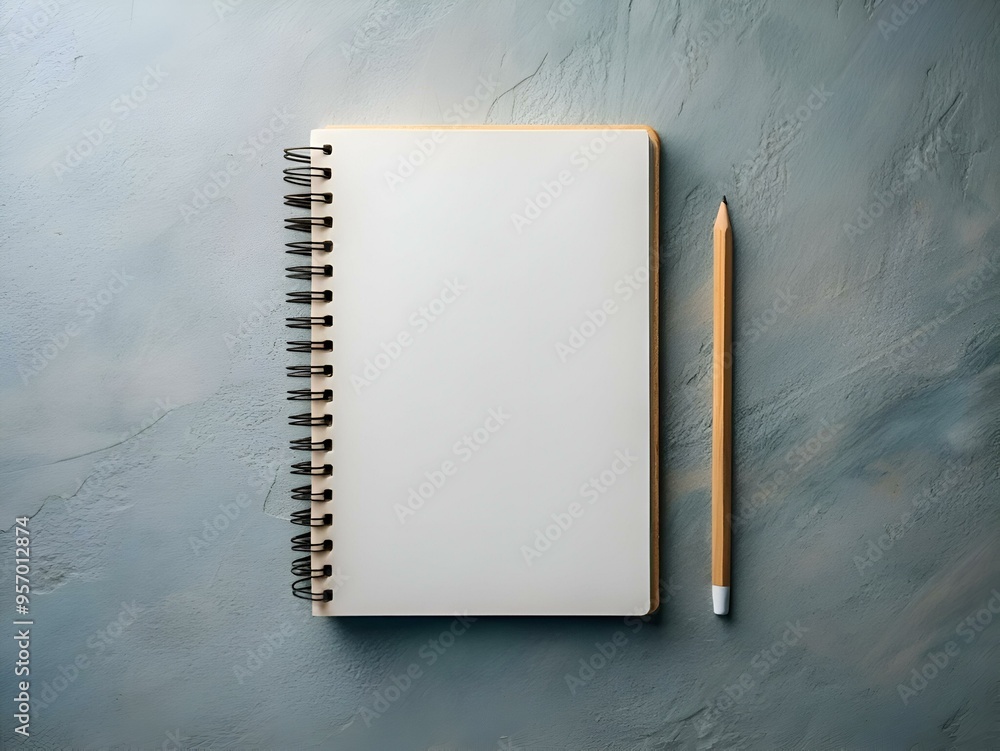 Poster a blank spiral notebook and a wooden pencil on a textured gray background. offering a minimalist and