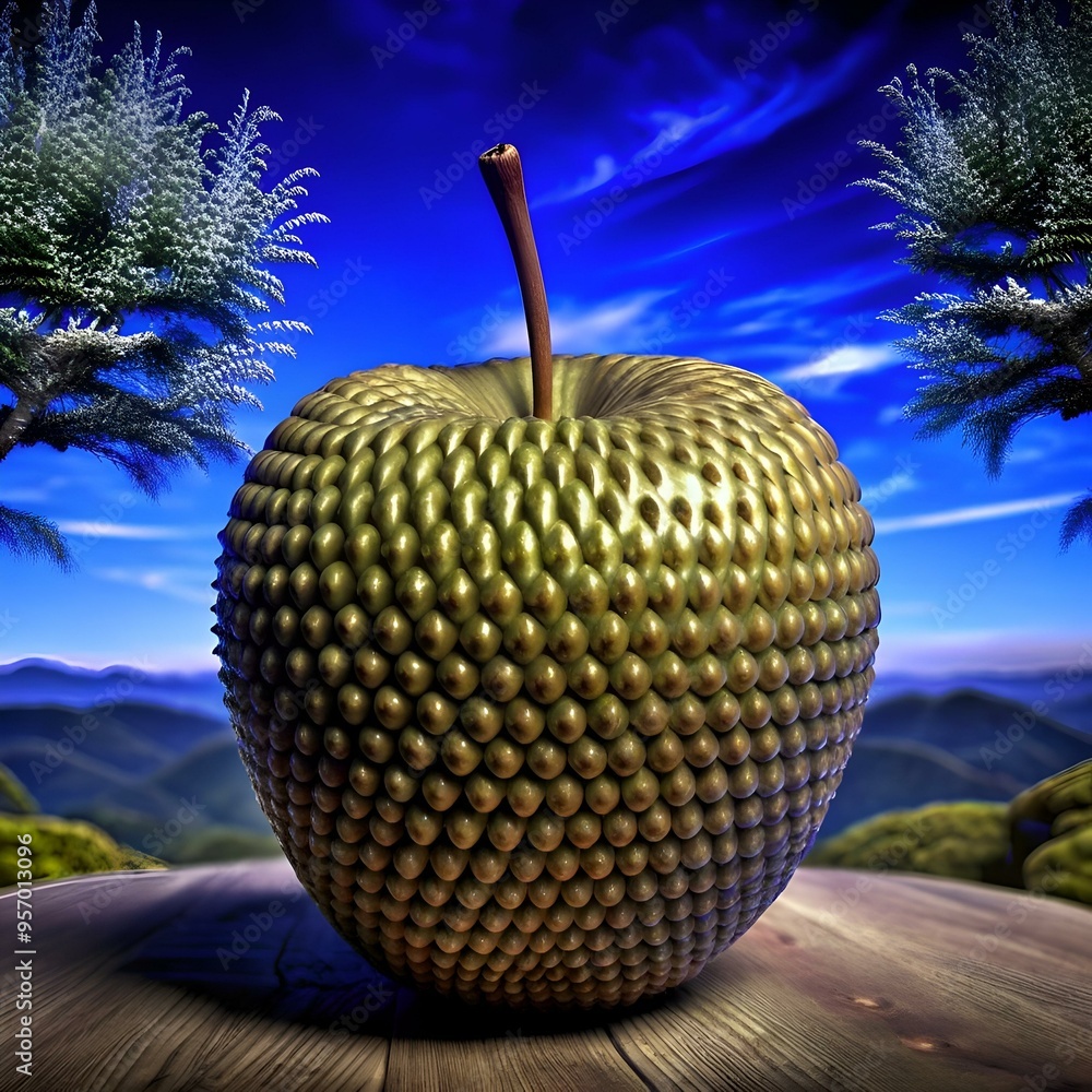 Poster a 3d rendered image of a unique. bumpy malay apple.