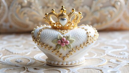 Fototapeta premium Delicate, ornate heart-shaped porcelain figurine with intricate lace and floral patterns, adorned with a dainty golden crown, sitting on a soft, white satin pedestal.