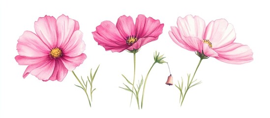 Elegant Pink Cosmos Flowers in Delicate Botanical Illustration