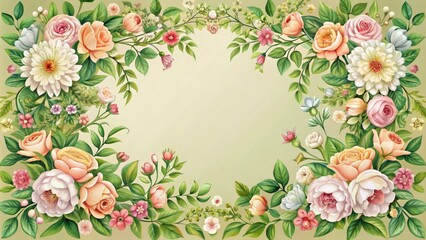 Delicate ornate vector flower motifs adorn a beautiful intricate frame, surrounded by lush foliage and ornamental elements, perfect for elegant designs and seasonal celebrations.