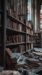 Obraz premium Old books scattered on the floor of a grand library.