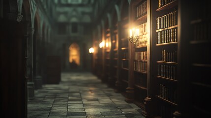 Fototapeta premium Mysterious and dimly lit library hallway with bookshelves lining the walls.