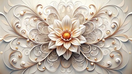 Delicate petals of a stylized flower bloom on a white canvas, surrounded by ornate curls and swirls, forming a beautiful and intricate digital vector design.