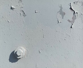 White (shades of grey) gloomy wall with cracked plaster (different shapes) and bolt with shadow in the lower left corner. Good for collages, backdrops or other works. Photo. Industrial.