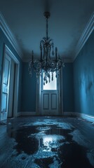 An abandoned hallway with a flooded floor and a grand chandelier.