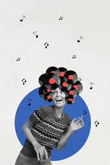 Vertical photo collage of happy girl instead hair retro vinyl plate sound note occasion dance...
