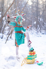 Christmas deer girl looking for gifts for Santa in winter in the forest