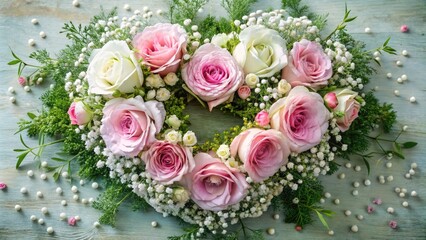 Obraz premium Delicate pink and white flowers intricately arranged in a heart shape, surrounded by lush greenery and subtle baby's breath, exuding romance and tender affection.