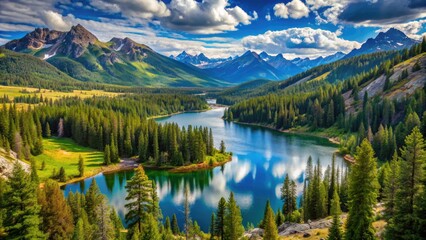 Sweeping vistas of Idaho's rugged terrain unfold beneath a vast cerulean sky, as sun-drenched mountains, forests, and lakes converge in serene wilderness harmony.