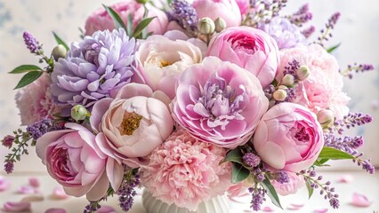 Delicate pink peonies and soft lavender hues combine in a stunning floral arrangement, set against a clean white background with elegant, swirling patterns.