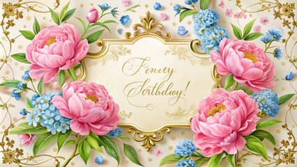 Delicate pink peonies and forget-me-nots surround a ornate, golden-framed card with cursive script, perfect for expressing heartfelt sentiments on special occasions.