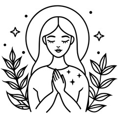 a black and white drawing of a woman praying with stars and plants