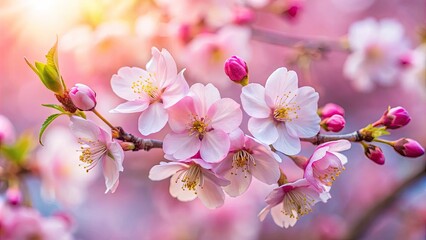Obraz premium Delicate pink petals of a fresh cherry blossom unfold against a soft focus background, symbolizing hope and new beginnings.