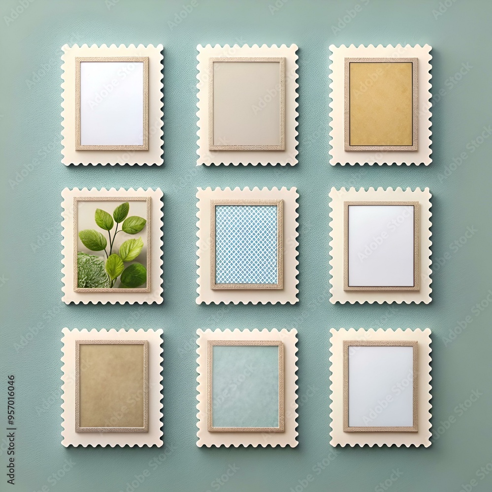 Poster nine vintage style blank picture frames arranged in a grid. perfect for adding your own photos or de