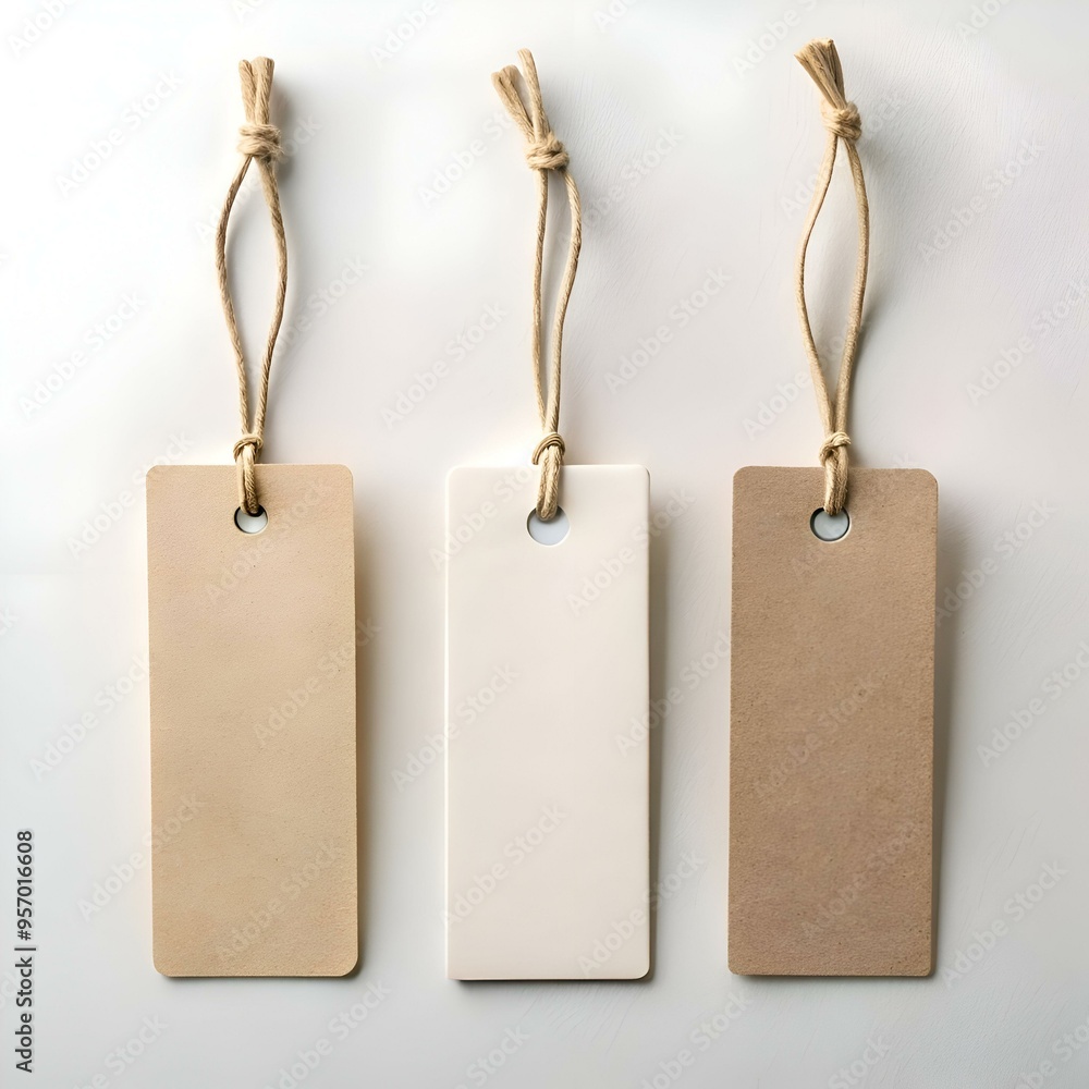 Poster three blank. brown paper tags with twine strings. ready for your branding.