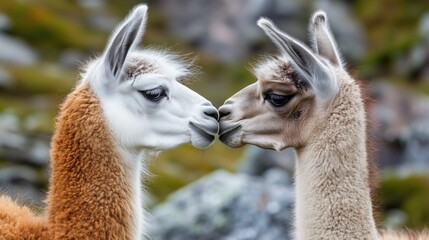 Obraz premium Two funny kissing llamas or alpacas outdoors