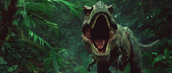 A ferocious dinosaur emerges from dense jungle foliage, mouth agape, revealing sharp teeth, capturing a moment of prehistoric terror and raw power.