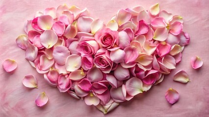 Fototapeta premium Delicate pink rose petals arranged in a tender heart shape on a soft, velvety background, evoking feelings of love, romance, and gentle affection.