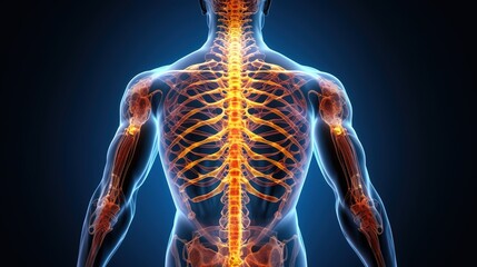 An X-ray image of the human body, with a glowing spine and hip bones 
