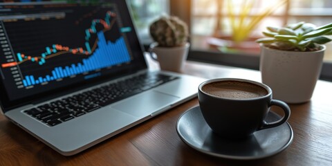Cup of coffee on digital stock market graph background