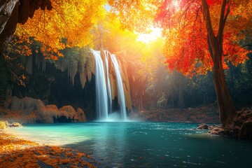 A beautiful autumn Erawan waterfall in Kanchanaburi, Thailand.