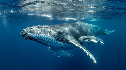 Fototapeta premium Humpback Whale and Calf Swimming in the Ocean
