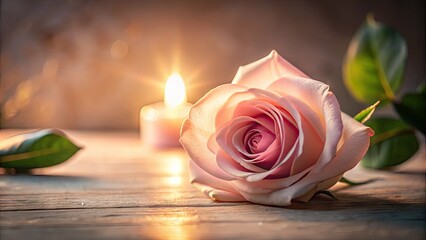 Fototapeta premium Delicate pink rose petal softness illuminated by warm, gentle light, creating a serene and peaceful atmosphere with subtle shadows and tender, romantic ambiance.