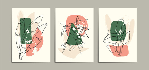 Set of three poster background with line art leaf, abstract shape and splash element. Suitable for background, poster, cover, flyer, wall art, home decor and other template.