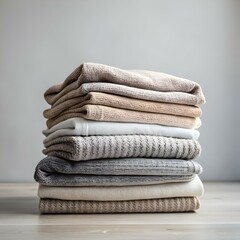 A neatly stacked pile of cozy sweaters in various neutral tones.