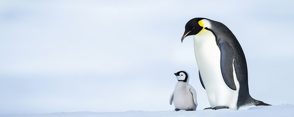 A majestic emperor penguin with its baby chick, standing on the snow-covered ground of Antarctica.