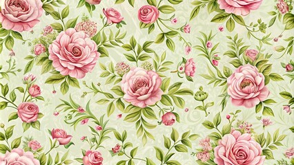 Delicate pink roses and greenery swirl together in an elegant, repeating pattern, perfect for adding a touch of vintage charm to gift wrapping and paper crafts.