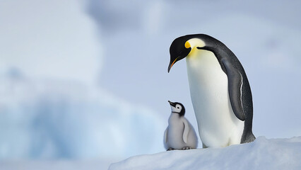 Obraz premium A majestic emperor penguin with its baby chick, standing on the snow-covered ground of Antarctica.