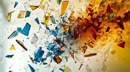 Fototapeta premium Shattered Glass in Color: A mid-air explosion of colored glass shards, capturing the moment of impact as the pieces scatter and reflect light. 