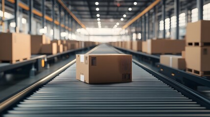 Conveyor Belt in Distribution Warehouse with Cardboard Boxes for E Commerce Delivery and Automated Logistics