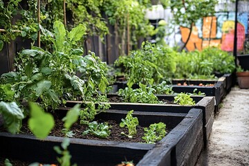 Thriving urban garden with fresh veggies in raised bed, showcasing green living and self-sufficiency. Colorful crops include lettuce, spinach, kale, tomatoes, peppers, cucumbers, and more