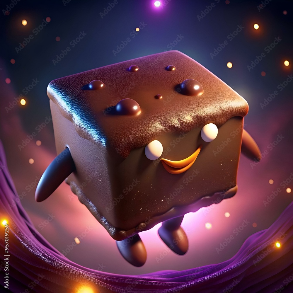 Aufkleber a happy. chocolate covered brownie character floats in a space like setting with a playful and whims