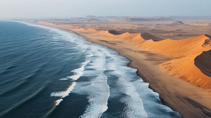 Capturing serene nature from above: ocean waves gently crash on a sandy beach, with a vast desert and majestic mountains in the background. The high angle view showcases the picturesque location