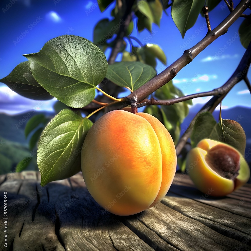 Poster a vibrant. realistic 3d illustration of a ripe apricot hanging from a branch. perfect for adding a t