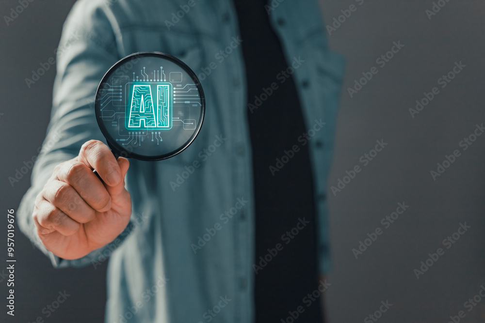 Aufkleber man stand holding magnifying glass. search and research by ai concept.digital artificial intelligenc