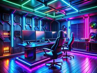 techno futuristic gaming setup with neon lights and metallic surfaces