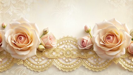 Delicate rose petals and golden lace intertwine to form a luxurious border, evoking vintage elegance and sophistication on a soft, creamy white background.