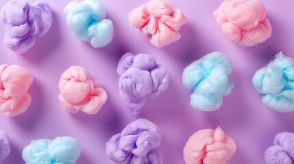 Fluffy cotton candies on colorful background