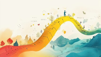 A creative zigzag timeline with a mix of illustrations and text, guiding the viewer through a story.