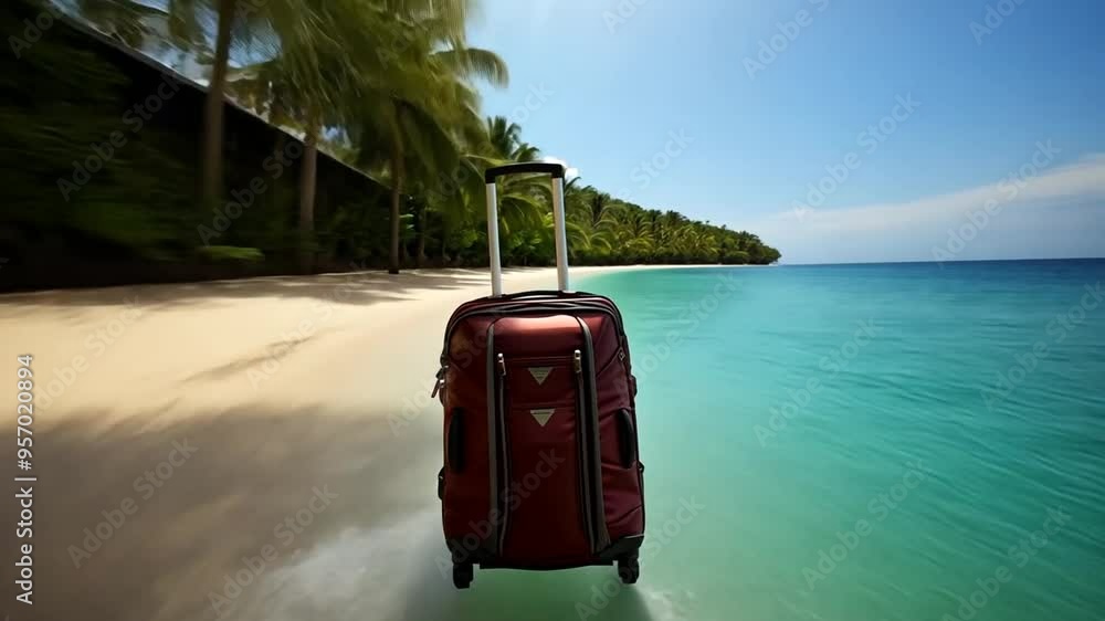 Poster aerial view of a tropical beach with a suitcase on the shore generative ai