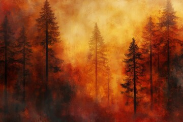 An autumn day with a foggy fantasy forest and sunshine