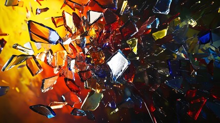 Shattered Glass in Color: A mid-air explosion of colored glass shards, capturing the moment of impact as the pieces scatter and reflect light.
